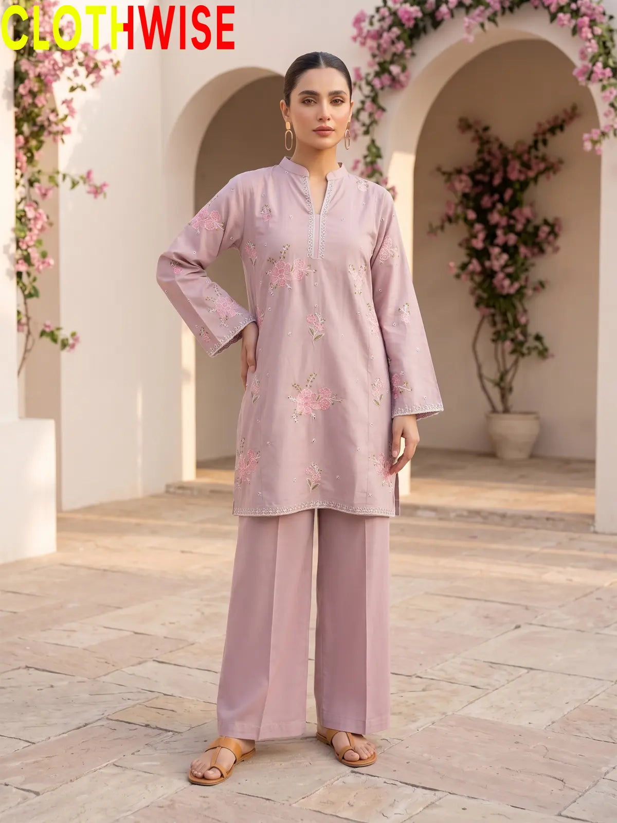 onion 2-piece embroidered co-ord set with straight shirt and matching wide-leg trousers by CLOTHWISE