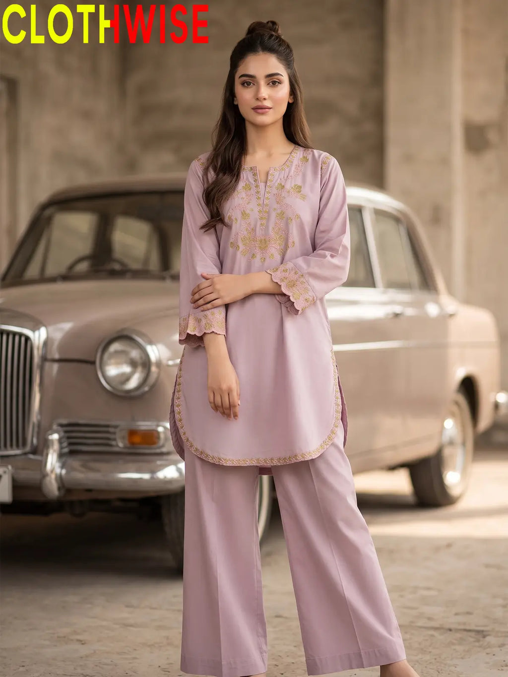 Banafsha 2 Piece Embroidered Co-ord Set | Women's Stitched Cotton Kurta & Flapper