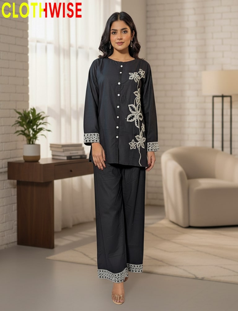 Comfortable cotton co ord set with elegant embroidery
