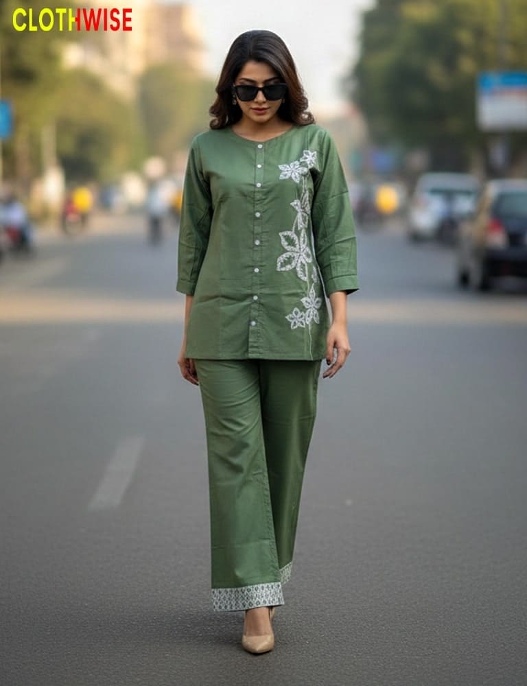 Woman wearing a green outfit with white embroidery on a street, branded 'CLOTHWISE'.