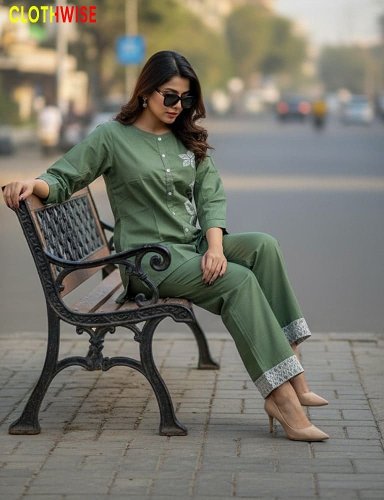 Woman in a green outfit sitting on a bench with a blurred street background