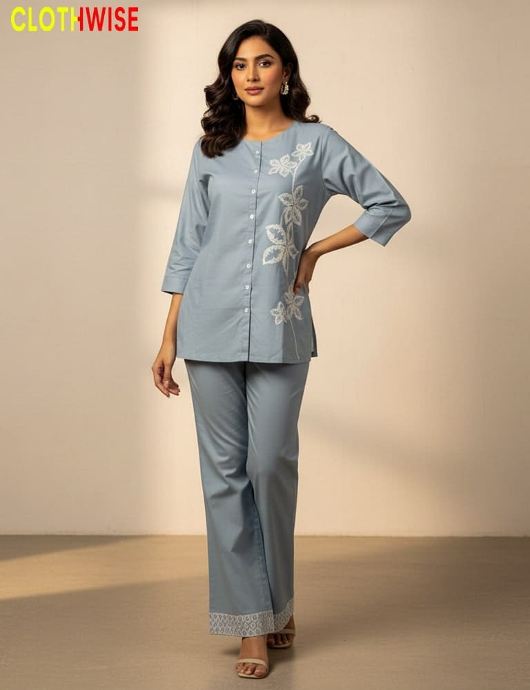 Safina: Elegant Western Cotton Embroidered Co-ord Set by CLOTHWISE