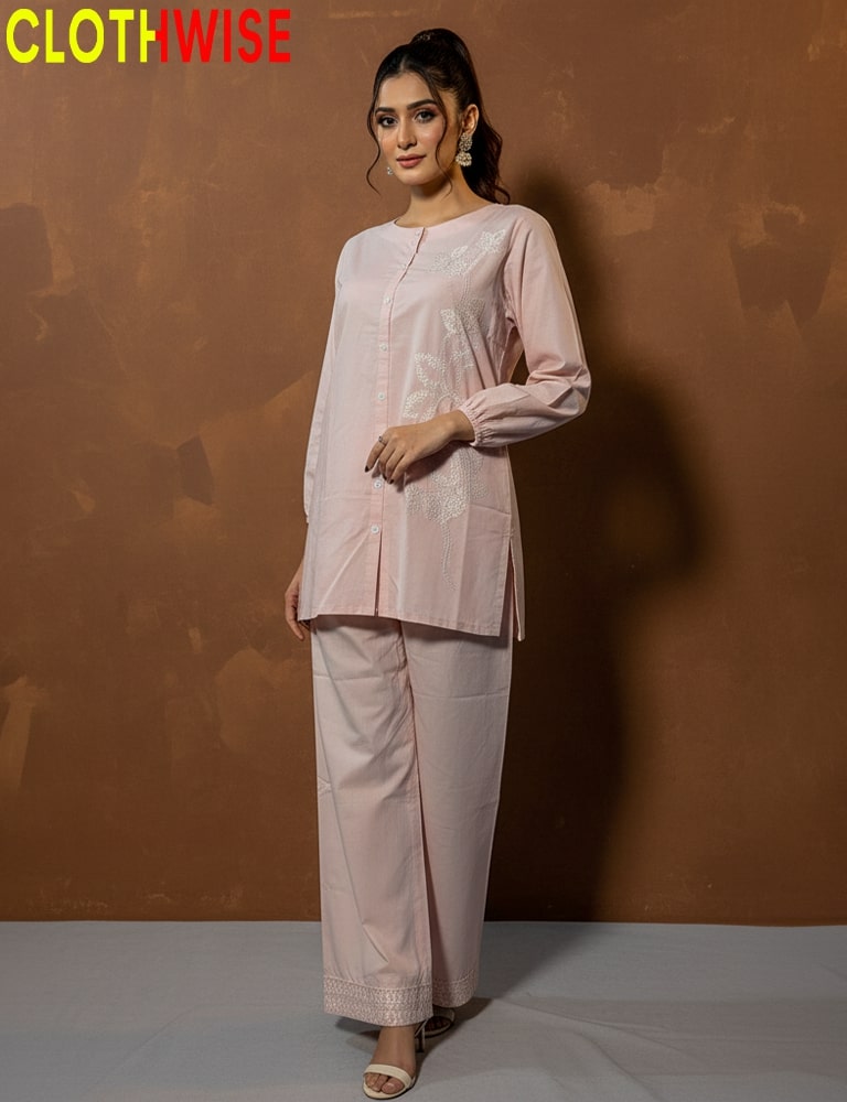 Stitched cotton embroidered two piece suit for girls