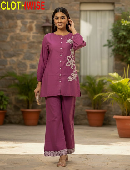 Women cotton embroidered co-ord set stitched 2 piece outfit