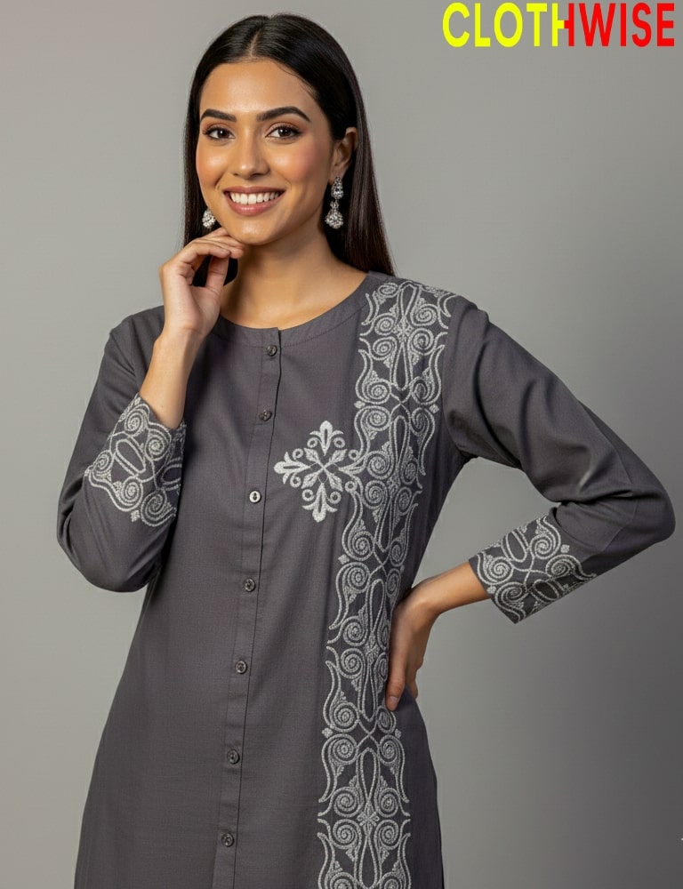 Premium Gray Cotton Embroidered Two Piece Dress by Clothwise