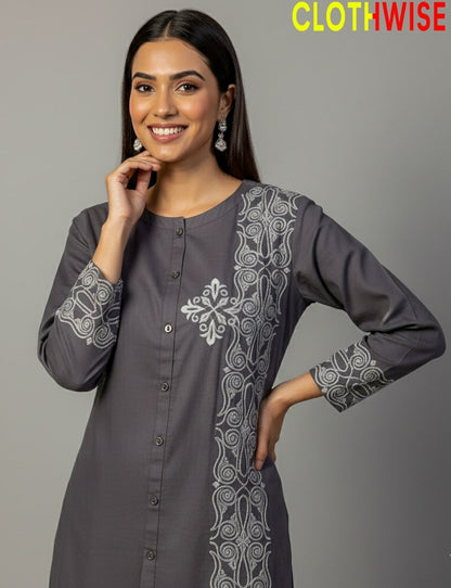 Premium Gray Cotton Embroidered Two Piece Dress by Clothwise