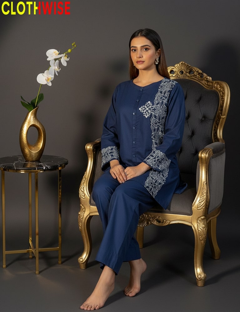 Stylish Cotton 2 Piece Suit with White Embroidery – Clothwise