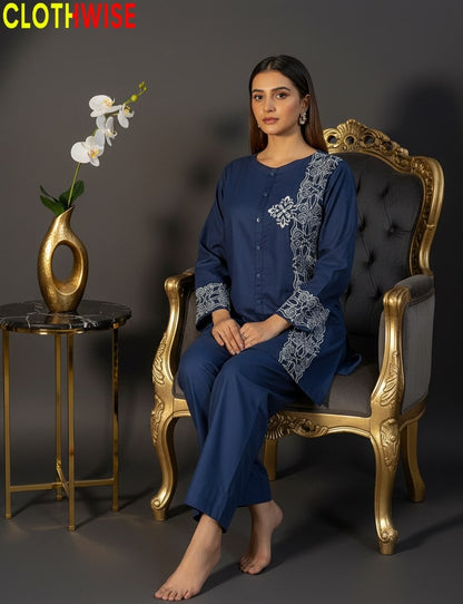 Stylish Cotton 2 Piece Suit with White Embroidery – Clothwise