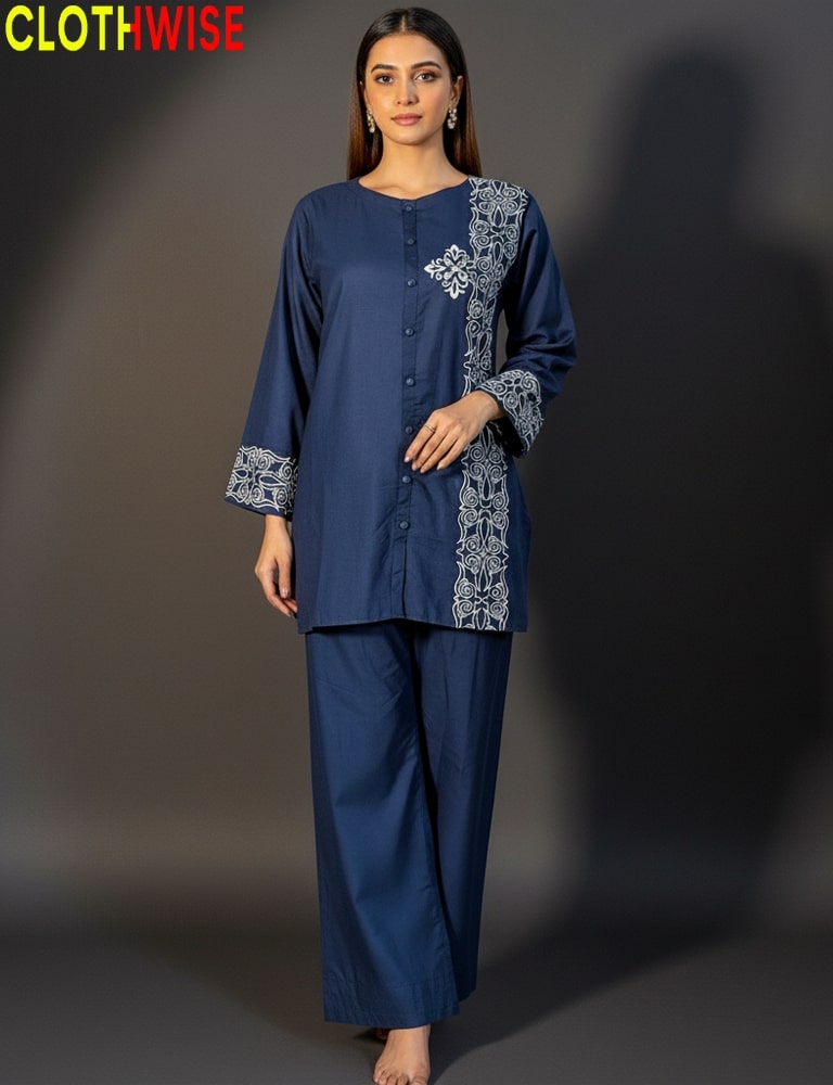 Navy Blue Embroidered Co-ord Set for Women – Clothwise