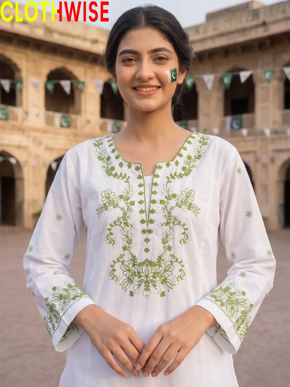 Close up of parrot motif embroidery on Azadi White lawn suit