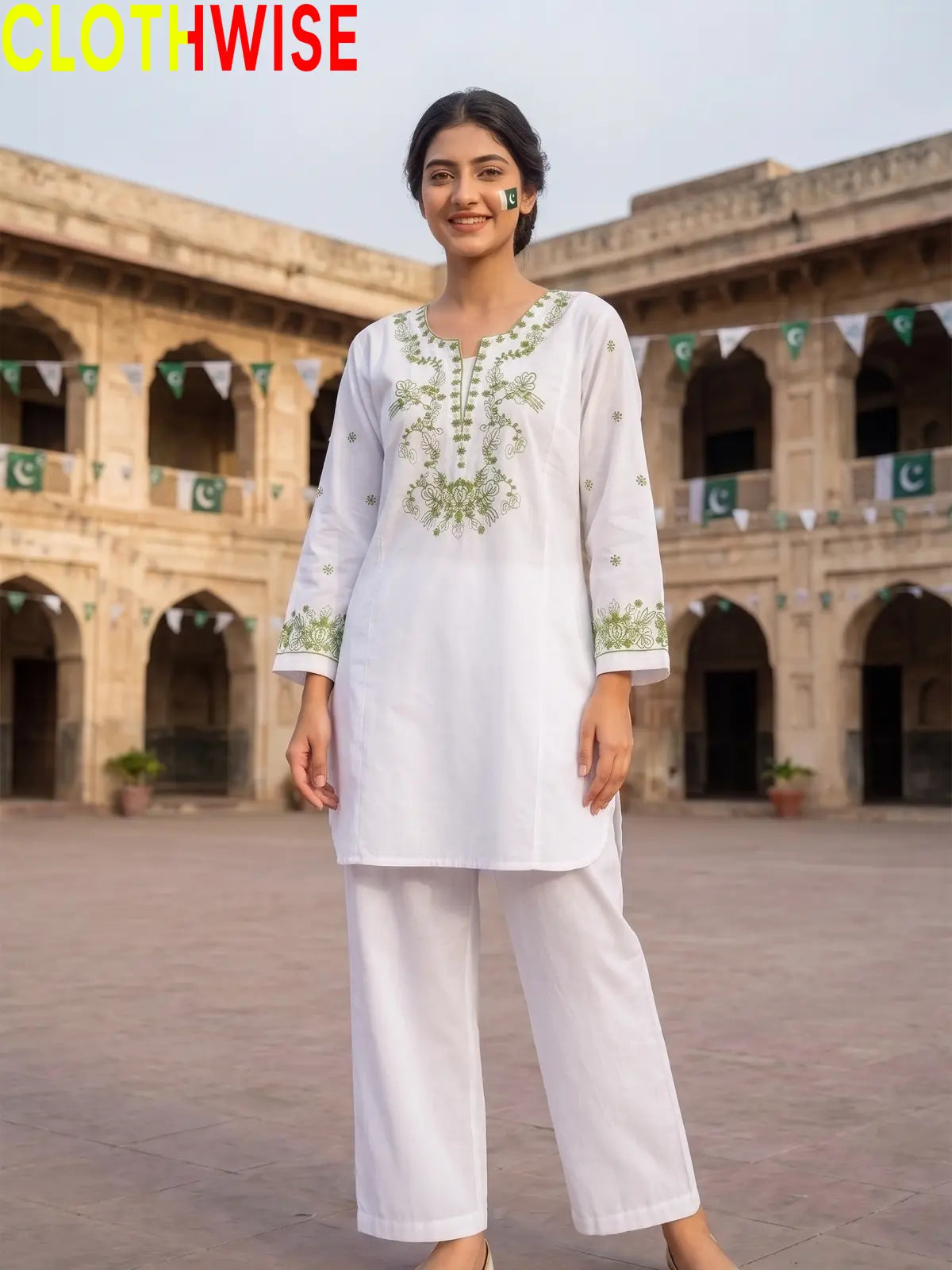 Azadi Parrot Motif Embroidered 2-piece lawn suit, front standing view