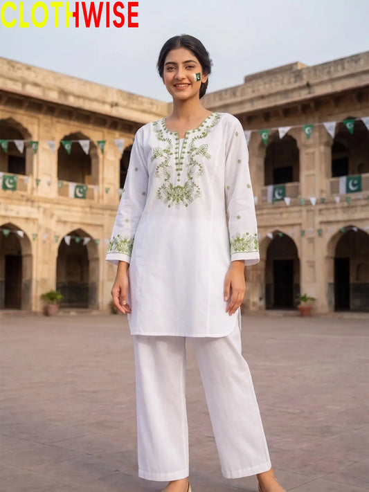 Azadi Parrot Motif Embroidered 2-piece lawn suit, front standing view