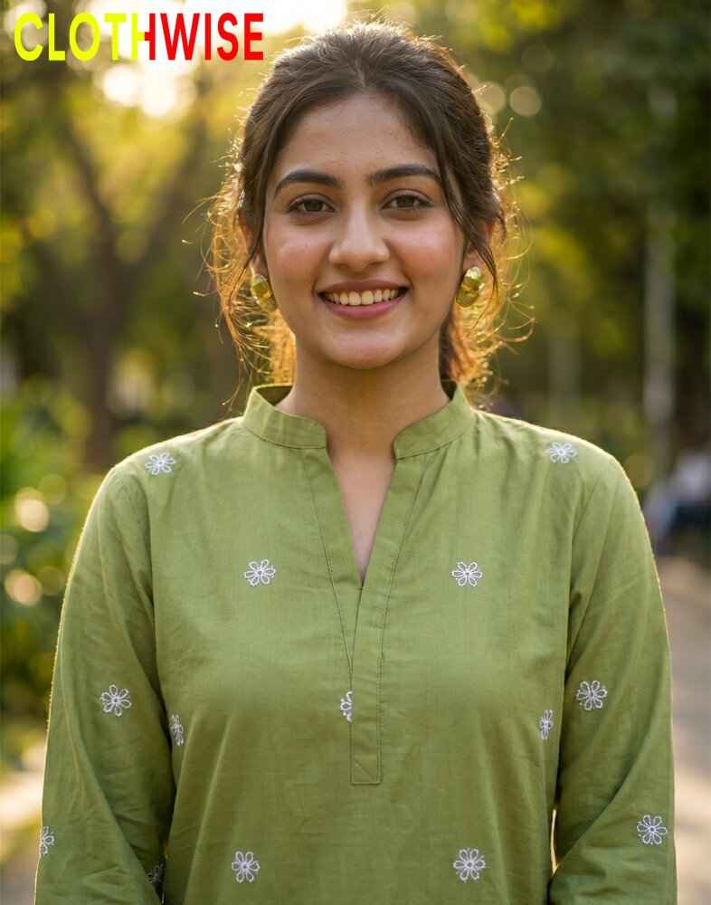 Woman wearing a green kurta with floral patterns outdoors, with 'CLOTHWISE' branding.