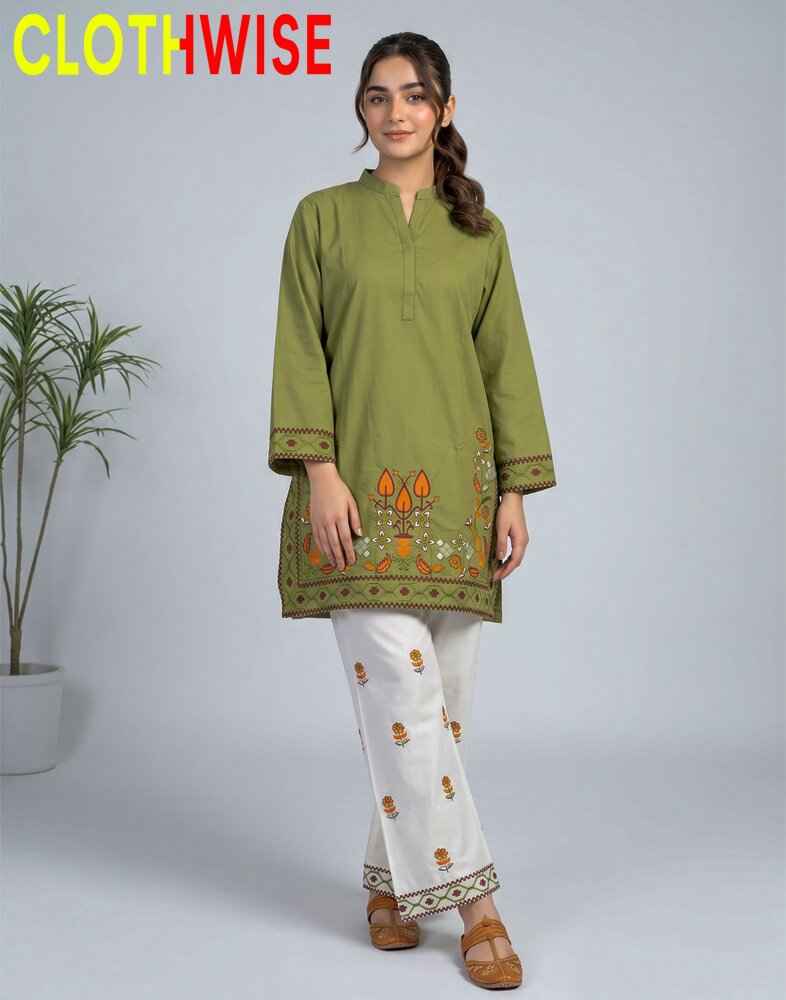 Woman wearing a green embroidered kurta with white pants on a gray background, with 'CLOTHWISE' branding.