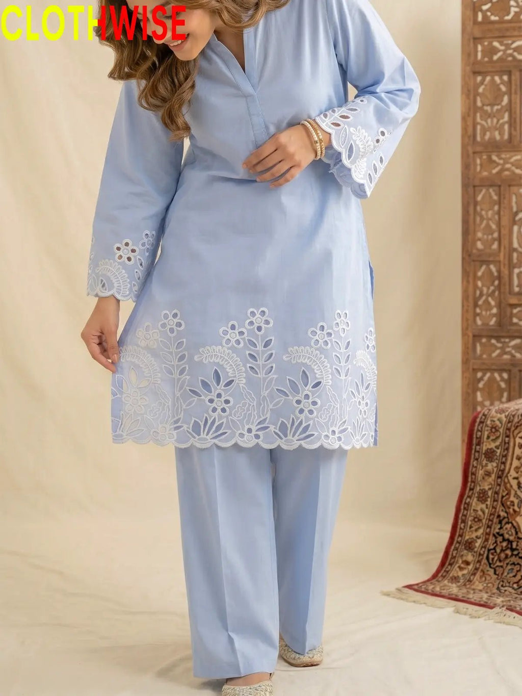 Flora Reign Pastel Blue - 2 Pc Embroidered Cotton Co-ord Suit - Pakistani Women Pret | CLOTHWISE