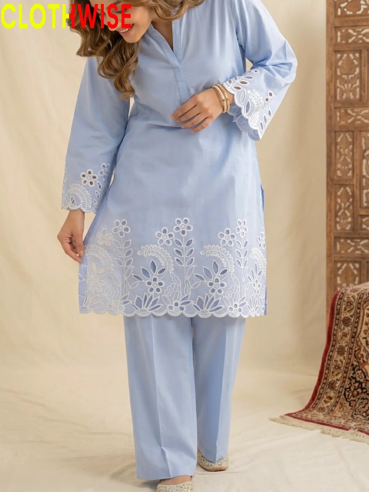 Flora Reign Pastel Blue - 2 Pc Embroidered Cotton Co-ord Suit - Pakistani Women Pret | CLOTHWISE