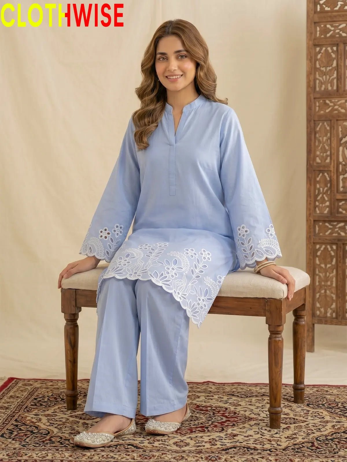 Flora Reign Pastel Blue - 2 Pc Embroidered Cotton Co-ord Suit - Pakistani Women Pret | CLOTHWISE