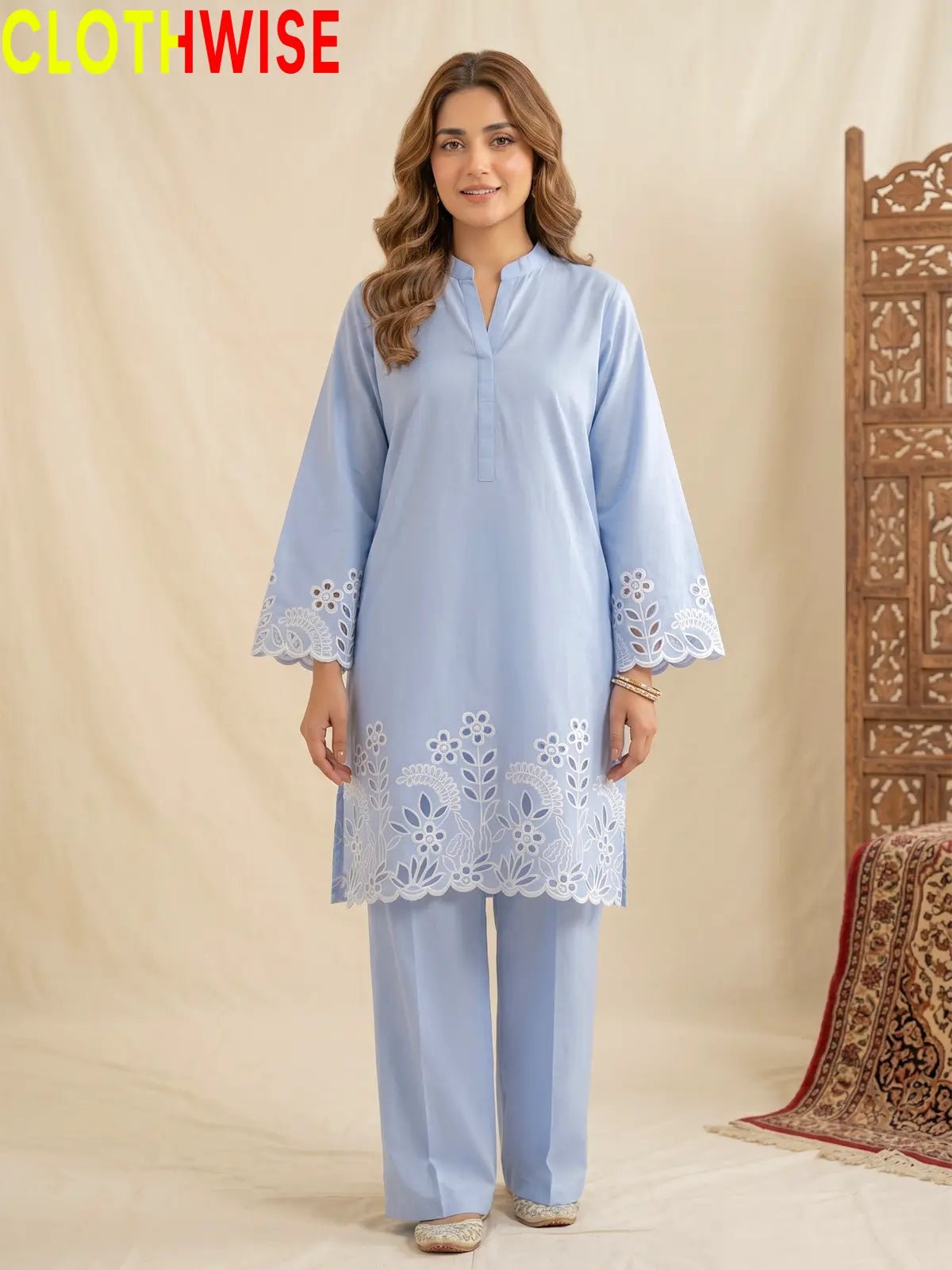 Flora Reign Pastel Blue - 2 Pc Embroidered Cotton Co-ord Suit - Pakistani Women Pret | CLOTHWISE