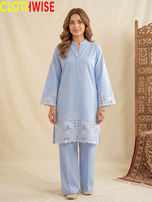 Flora Reign Pastel Blue - 2 Pc Embroidered Cotton Co-ord Suit - Pakistani Women Pret | CLOTHWISE