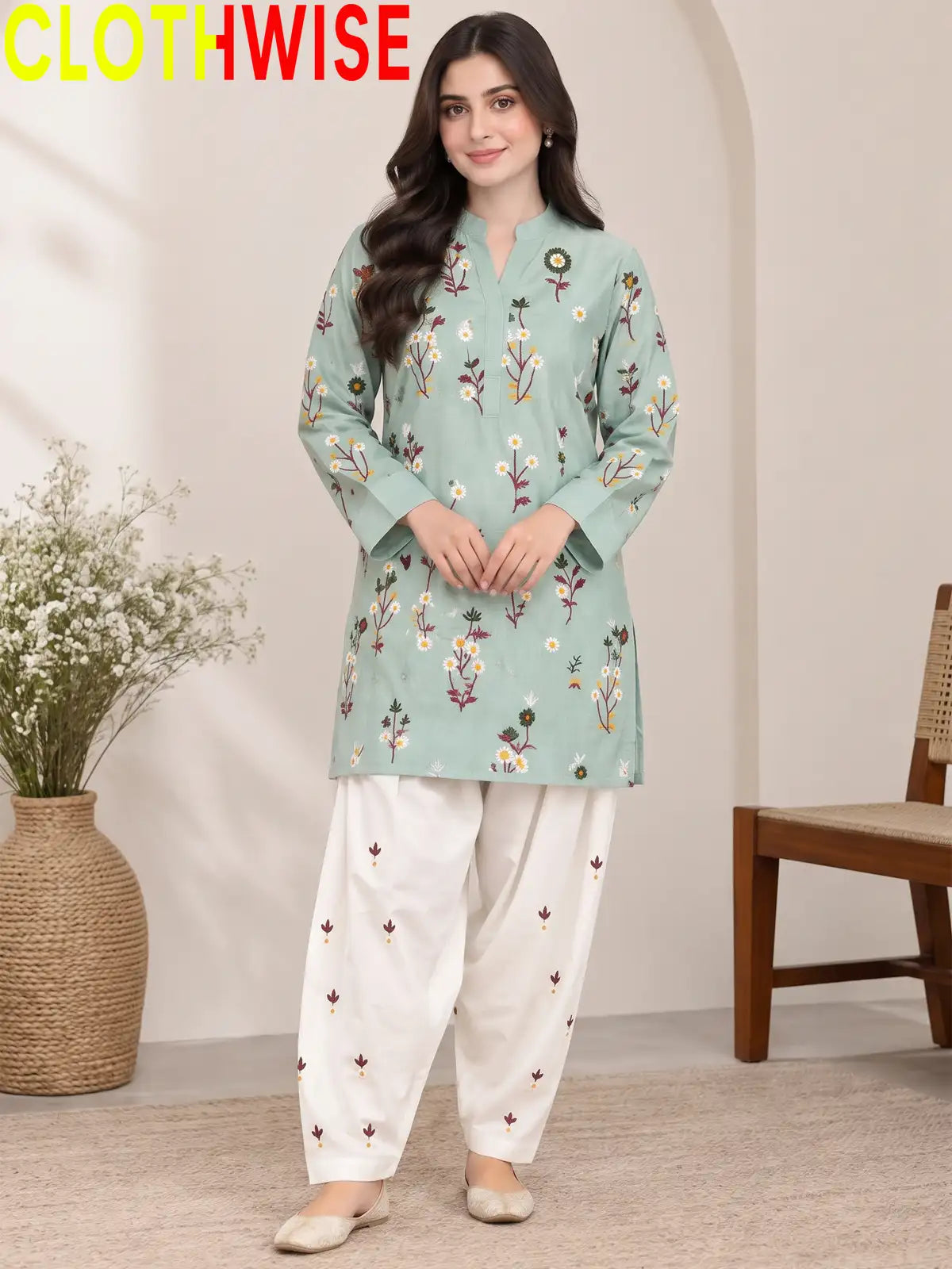 Nargiz - Embroidered Daisy Floral Cotton Kurta with Palazzo | 2-Piece Suit