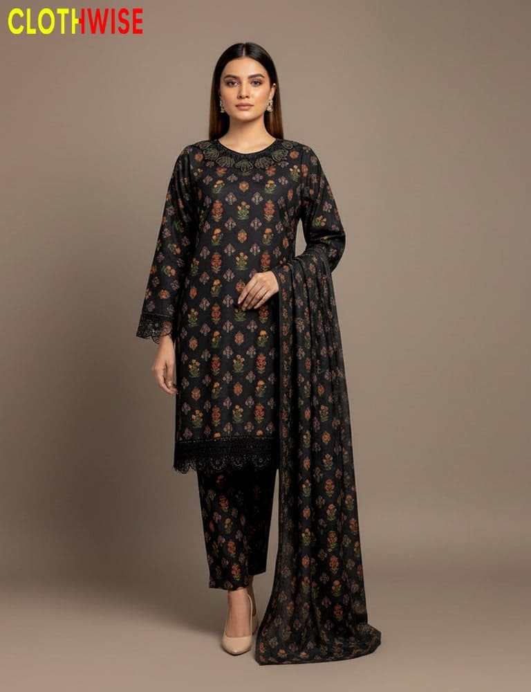 Woman wearing a black floral outfit with a matching dupatta on a beige background, branded 'ClothWise'.