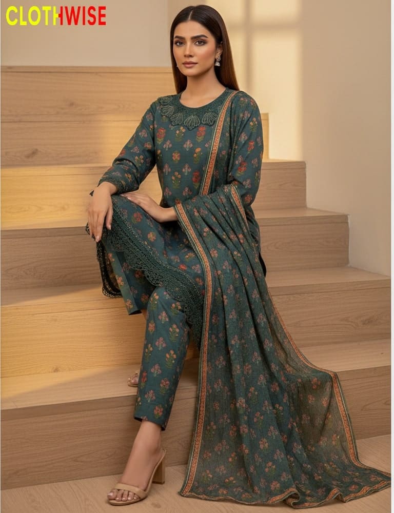 Woman in a green traditional outfit sitting on wooden steps with 'ClothWise' branding.