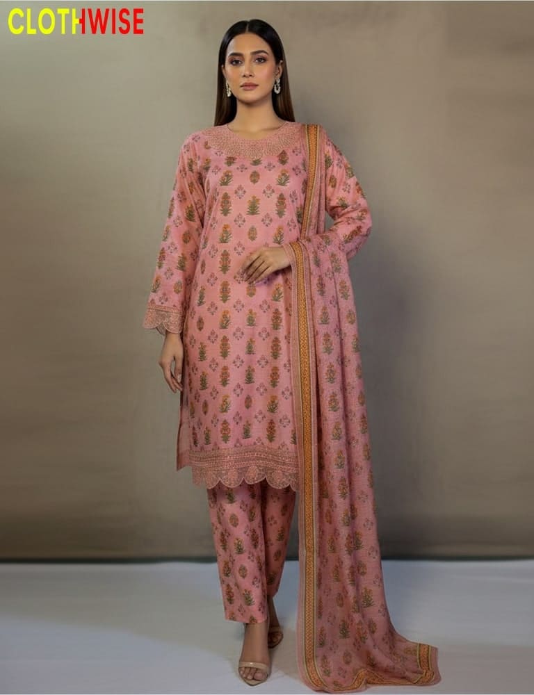 Woman wearing a pink traditional outfit with a matching dupatta on a plain background, branded 'ClothWise'.