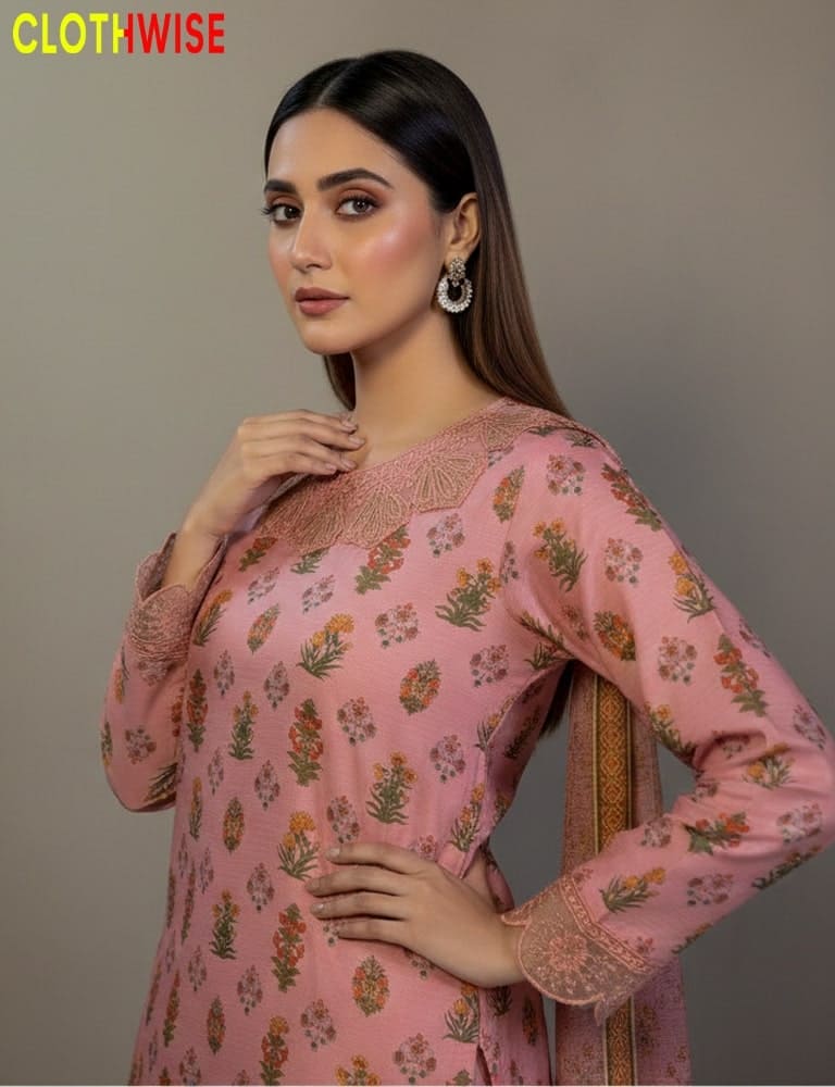 Nazakat – Printed Embroidered LPink Slub Lawn 3-Pcs by CLOTHWISE