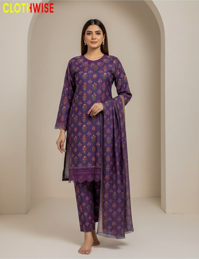 Woman wearing a purple floral outfit with 'ClothWise' branding.