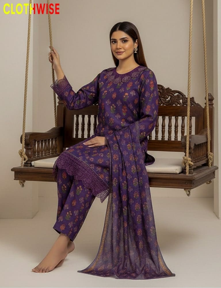 Woman in a purple traditional outfit sitting on a wooden swing, with 'CLOTHWISE' branding.