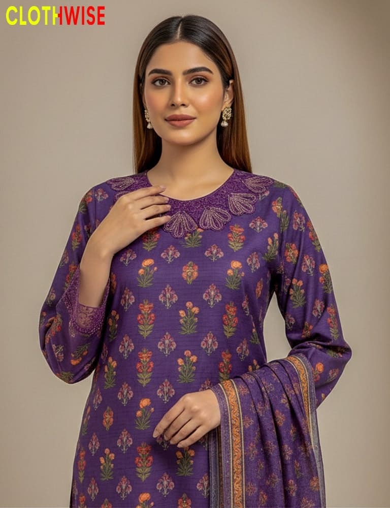 Woman wearing a purple patterned outfit with 'ClothWise' branding.