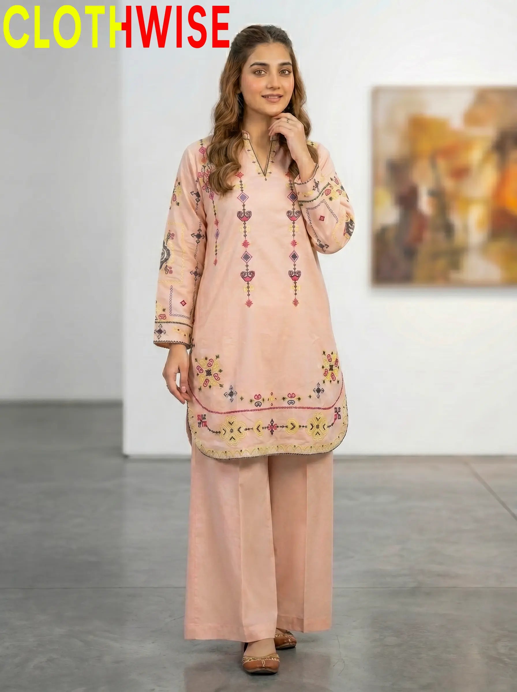 Taana Baana Peach Embroidered 2-Piece Cotton Co-ord Set – Standing View