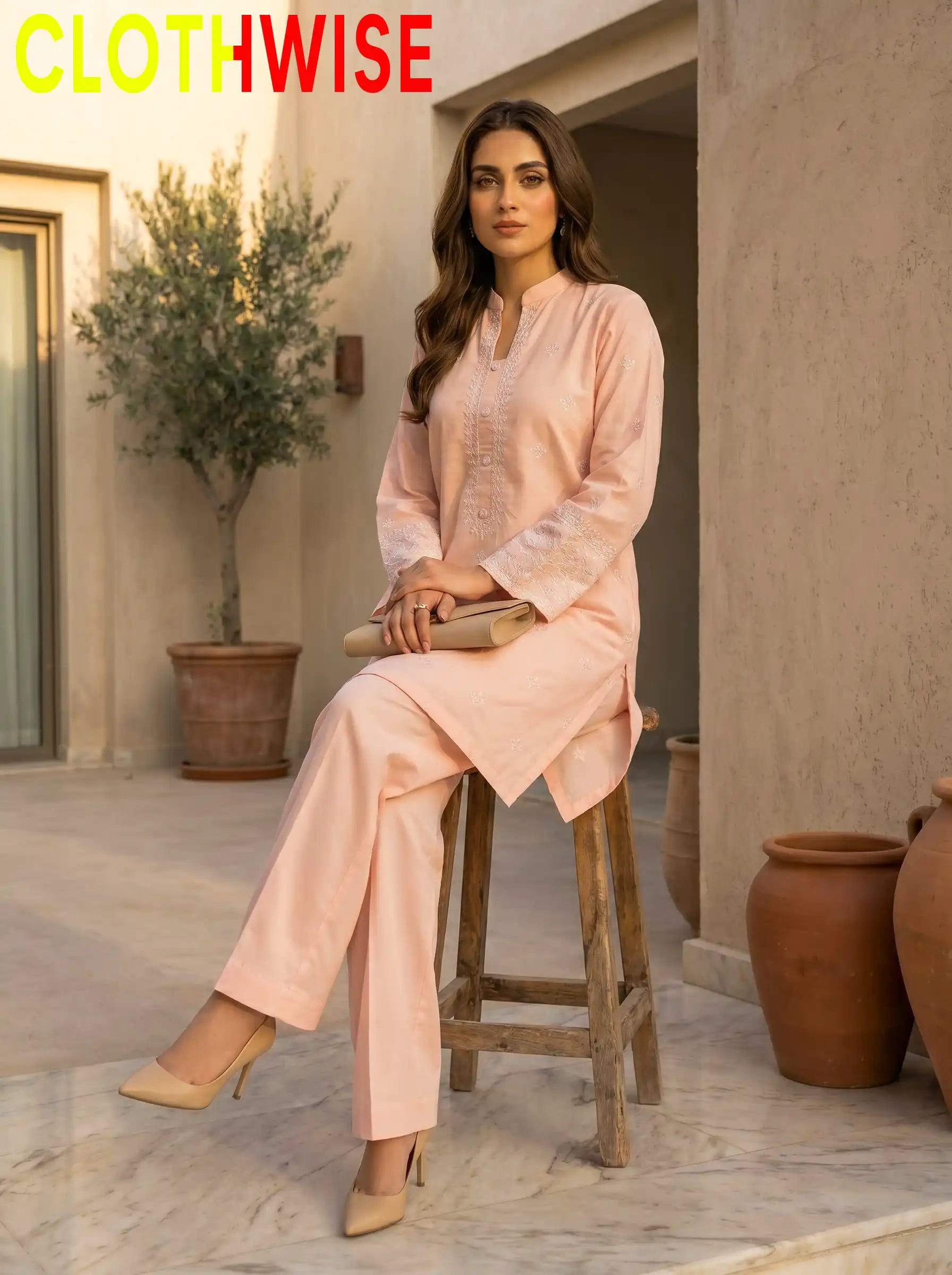 Woman in a peach outfit sitting on a wooden stool with 'CLOTHWISE' branding.
