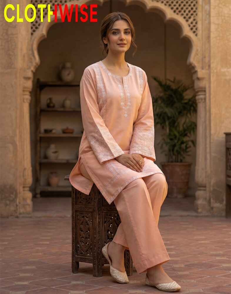 Woman in peach traditional outfit sitting on a wooden stool with 'CLOTHWISE' branding.