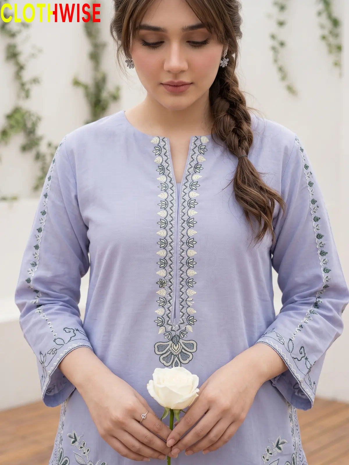 Naqsh Periwinkle embroidered 2-piece cotton suit - close up embroidery detail