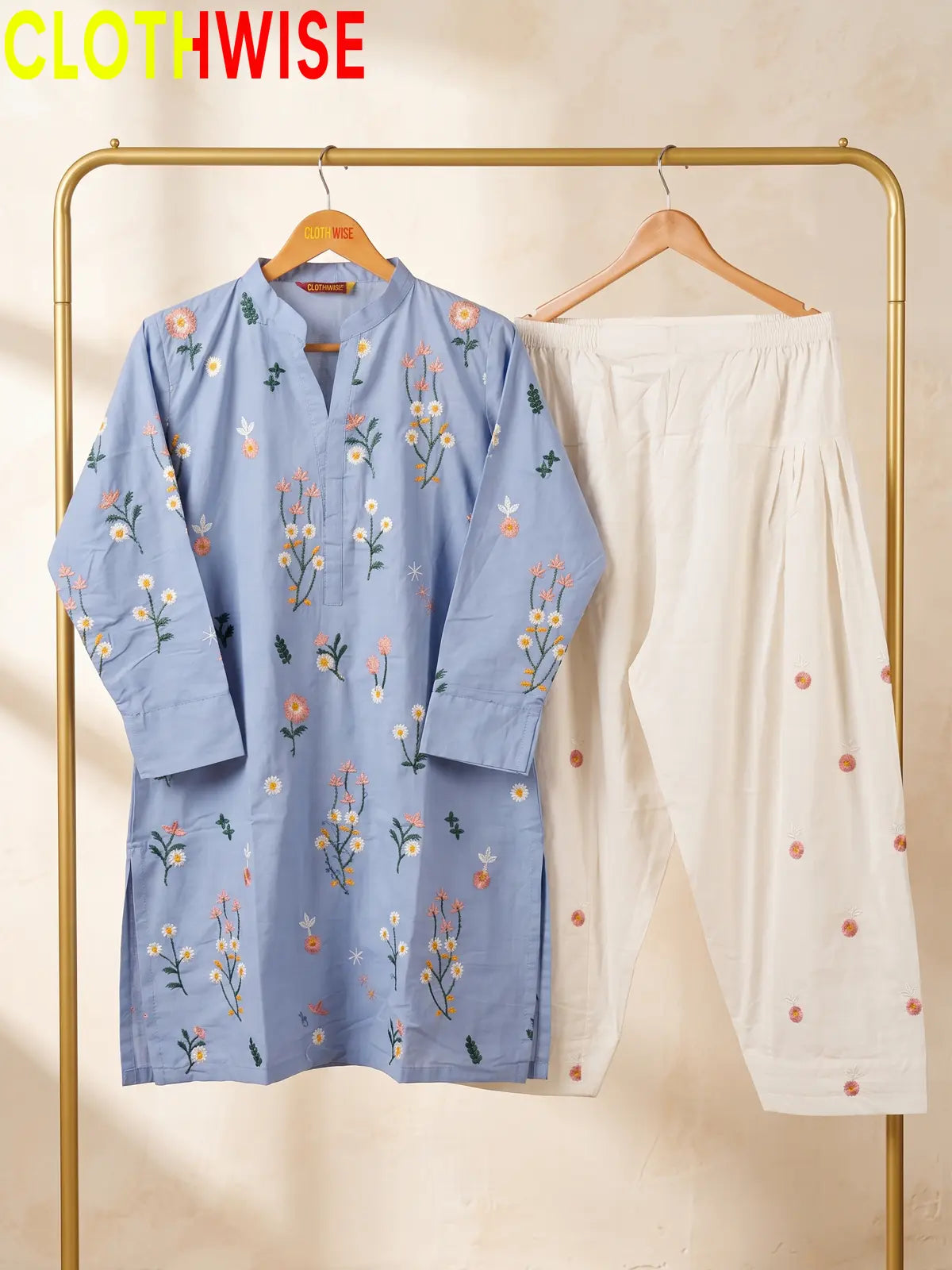 Nargiz embroidered 2-piece cotton suit in Periwinkle - hanger front view