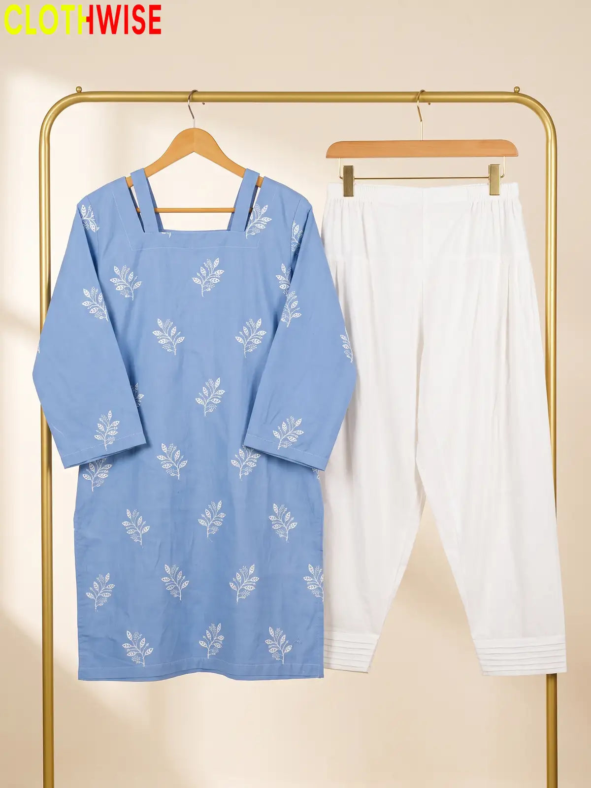 Hoor Periwinkle 2-piece embroidered cotton suit hanging view - CLOTHWISE