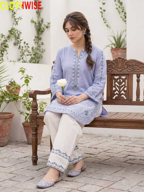 Naqsh Periwinkle embroidered 2-piece cotton suit - sitting view
