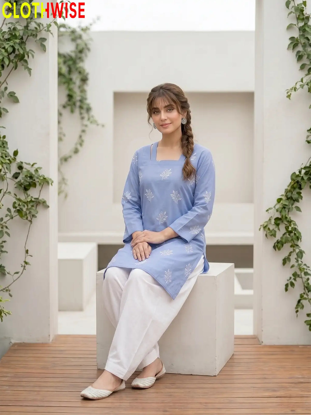 Hoor Periwinkle embroidered cotton suit sitting view - CLOTHWISE