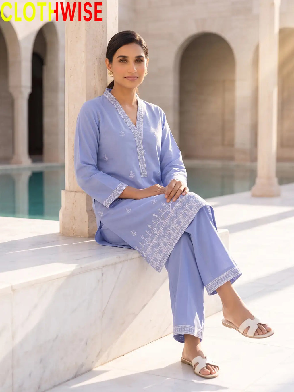 Periwinkle Cross Stitch embroidered cotton suit sitting view – CLOTHWISE