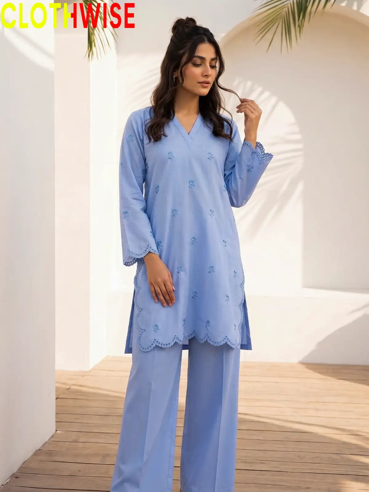 Mehr Periwinkle embroidered 2-piece cotton suit - standing view