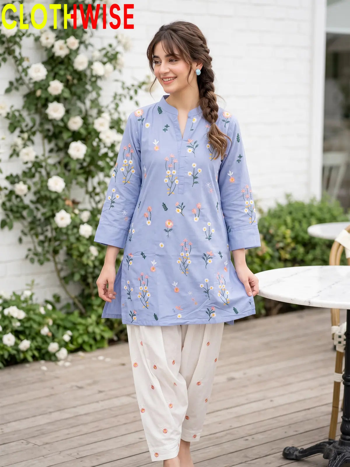 Nargiz embroidered 2-piece cotton suit in Periwinkle - standing view