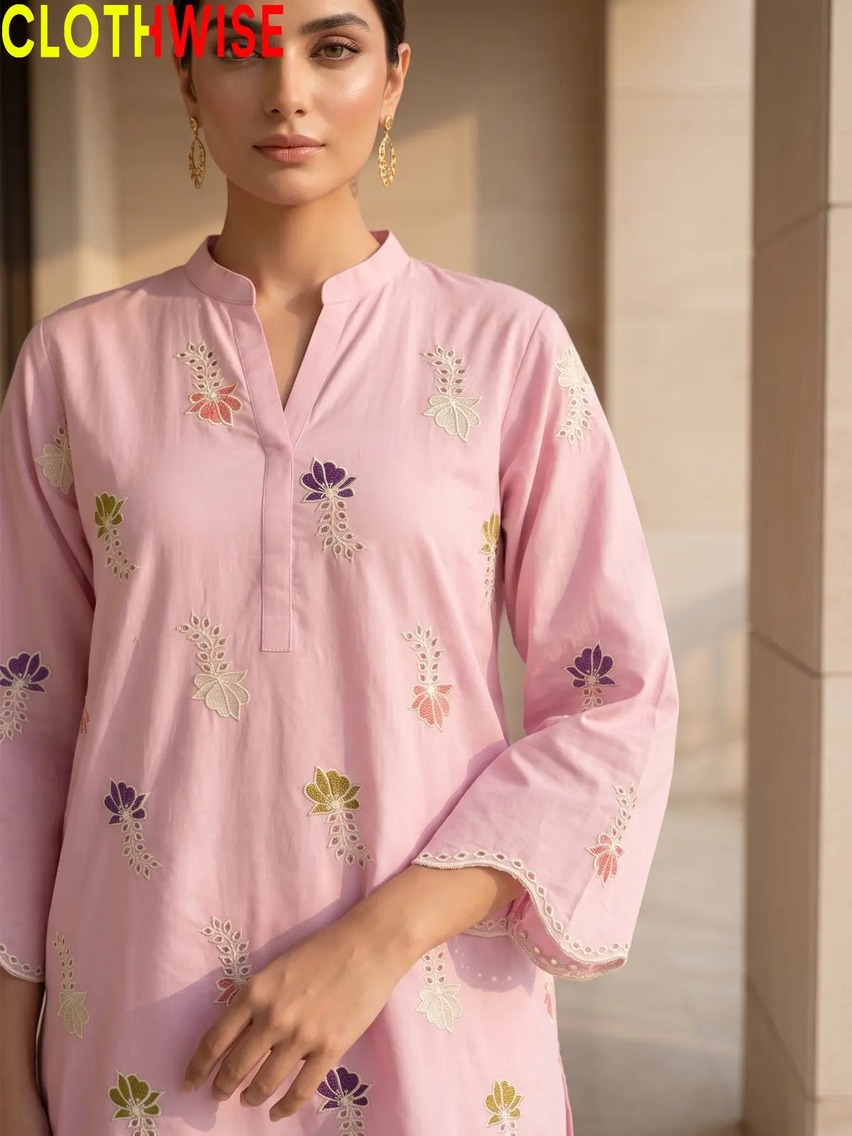 Khushi embroidered cotton suit in Pink - embroidery closeup