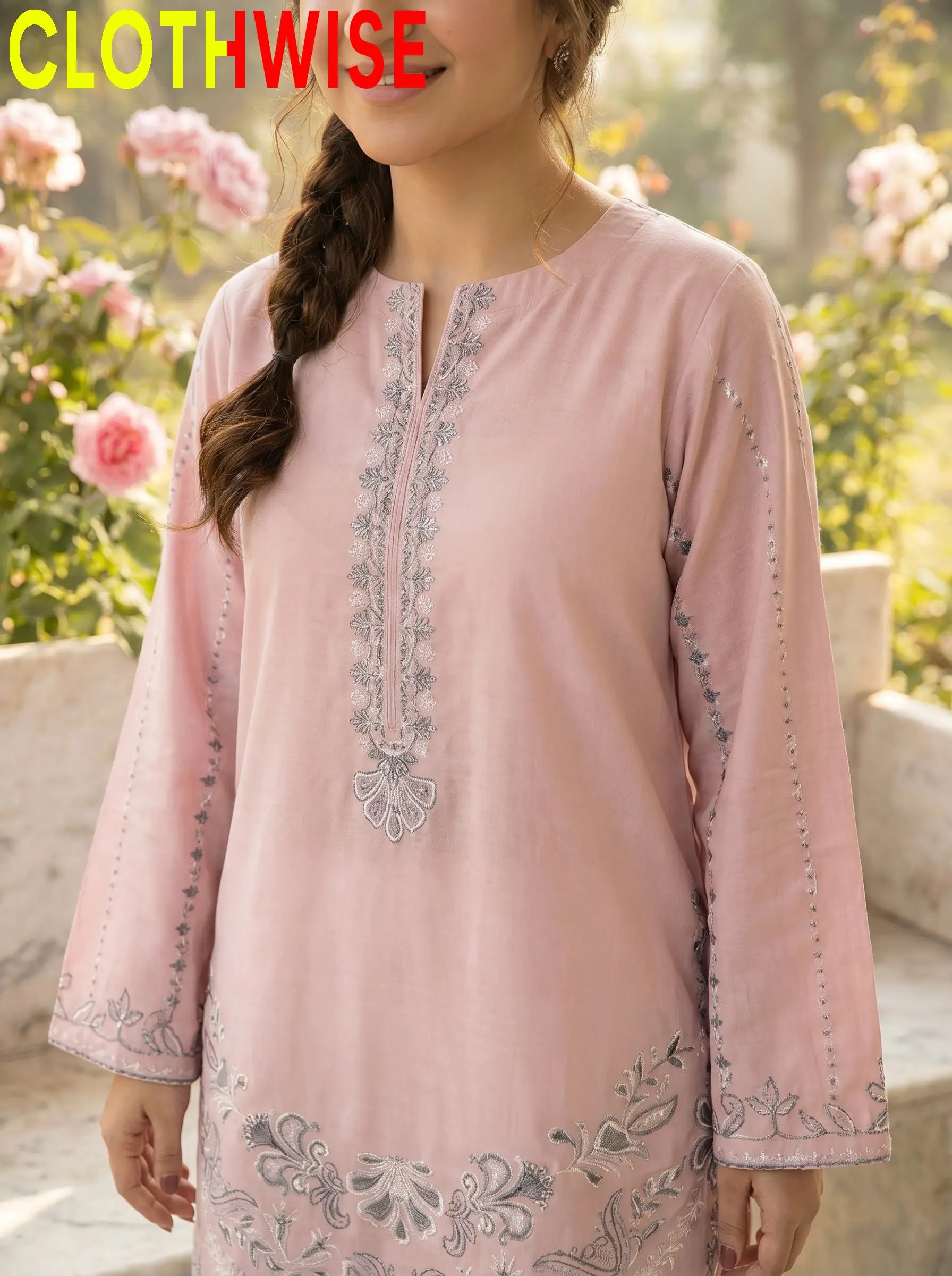 Naqsh Pink Cotton Suit Closeup Embroidery Detail - Clothwise