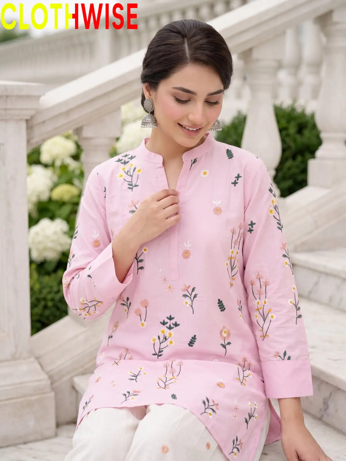 Nargiz embroidered 2-piece cotton suit in Pink - embroidery closeup