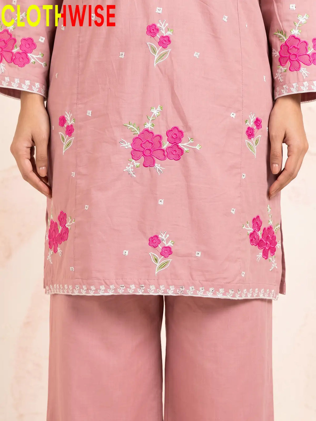 Marias Pink embroidered co-ord set - daman closeup - CLOTHWISE