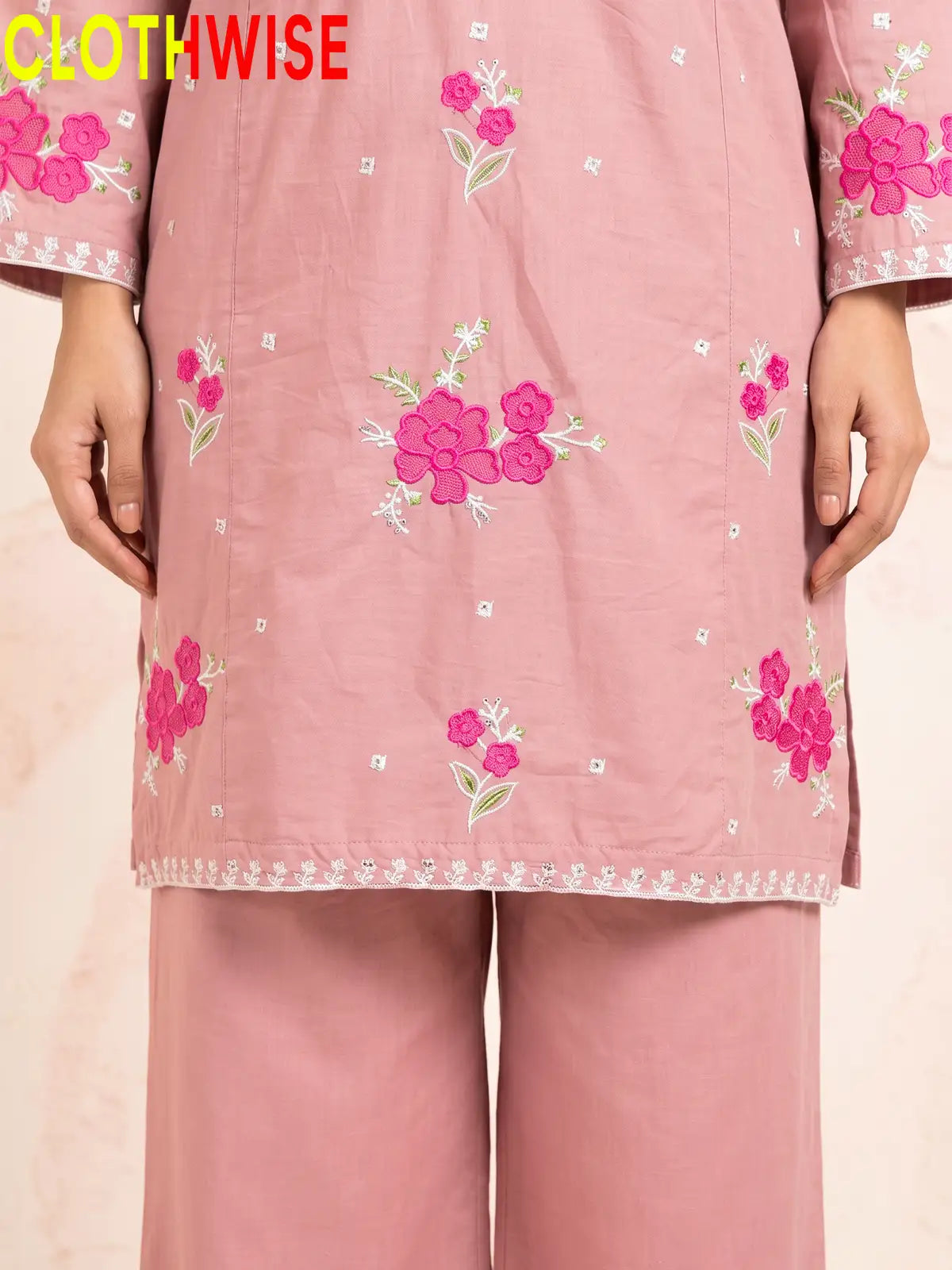 Marias Pink embroidered co-ord set - daman closeup - CLOTHWISE