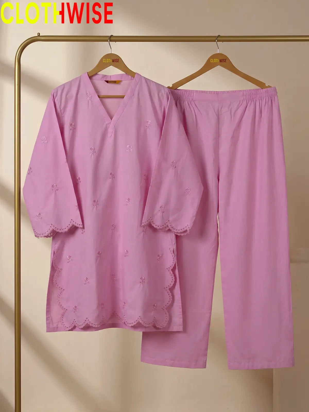 Mehr Pink embroidered 2-piece cotton suit - hanger view