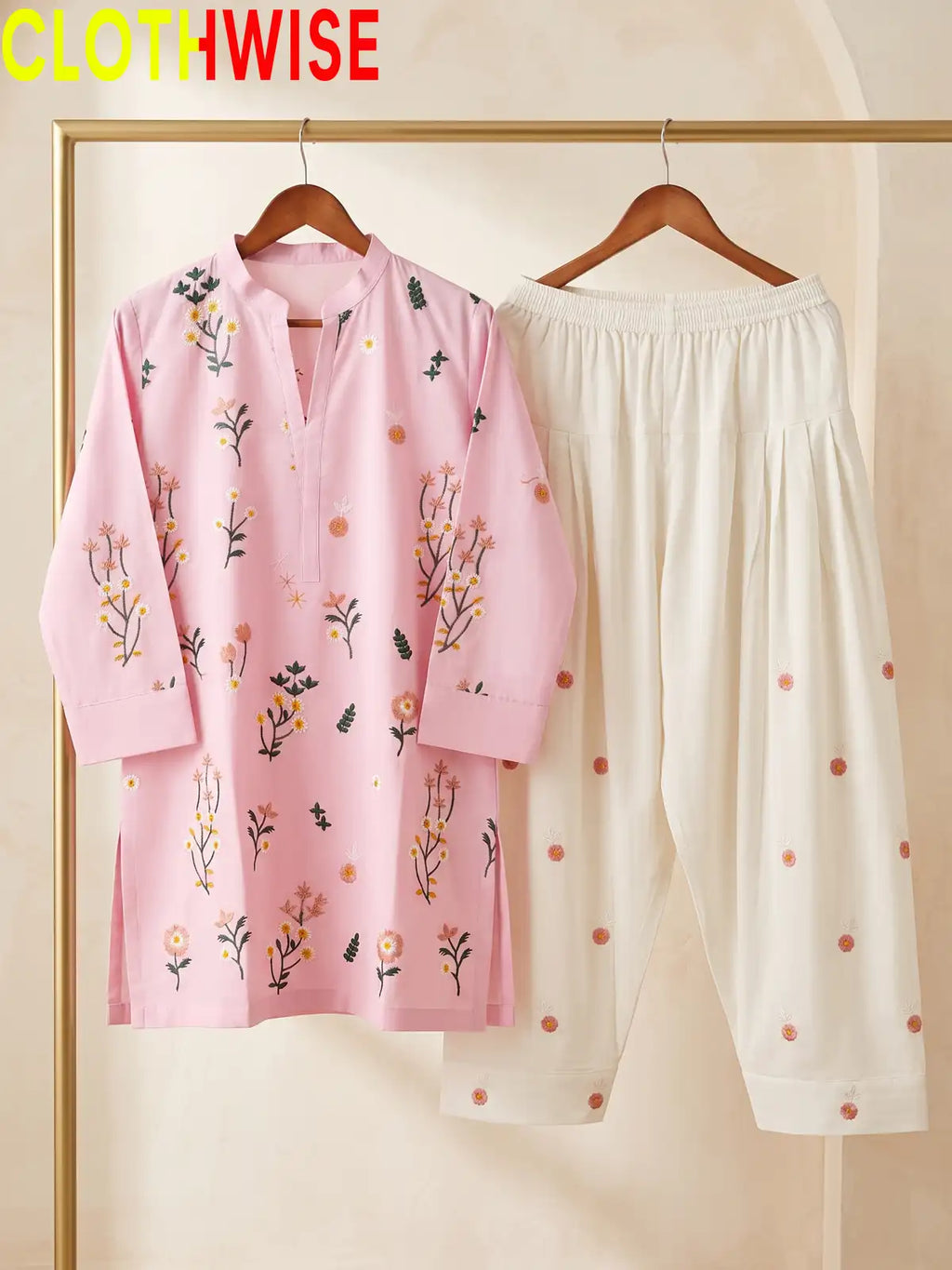 Nargiz embroidered 2-piece cotton suit in Pink - hanger front view