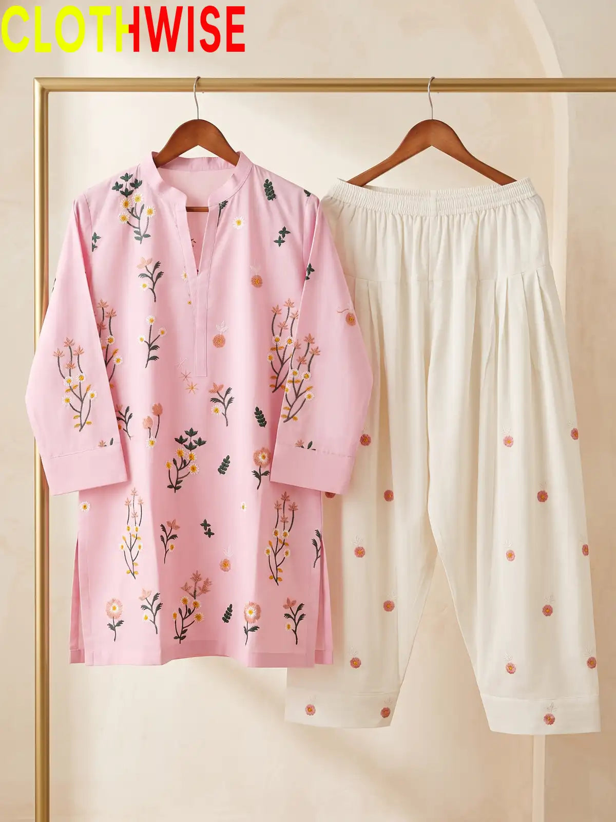 Nargiz embroidered 2-piece cotton suit in Pink - hanger front view